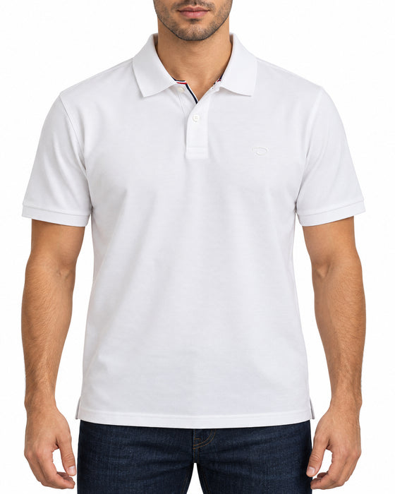 Polo Oscar de la Renta blanco para caballero, de piqué, cuello clásico y botones al tono